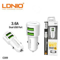 LDNIO C309 3.6A Dual USB-A Car Charger with USB-A to Lightning Non-MFI Cable — White, 3ft, 18W