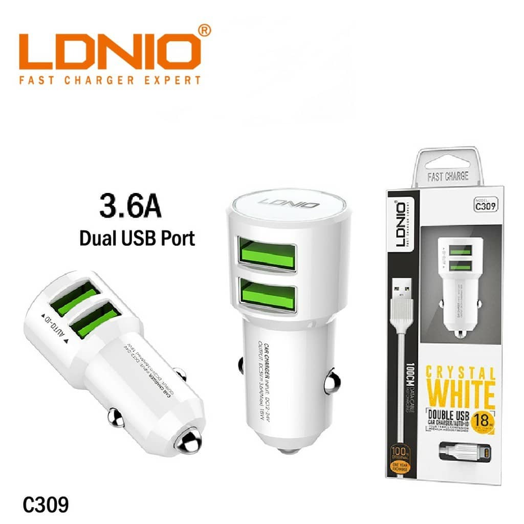 LDNIO C309 3.6A Dual USB-A Car Charger with USB-A to Lightning Non-MFI Cable — White, 3ft, 18W
