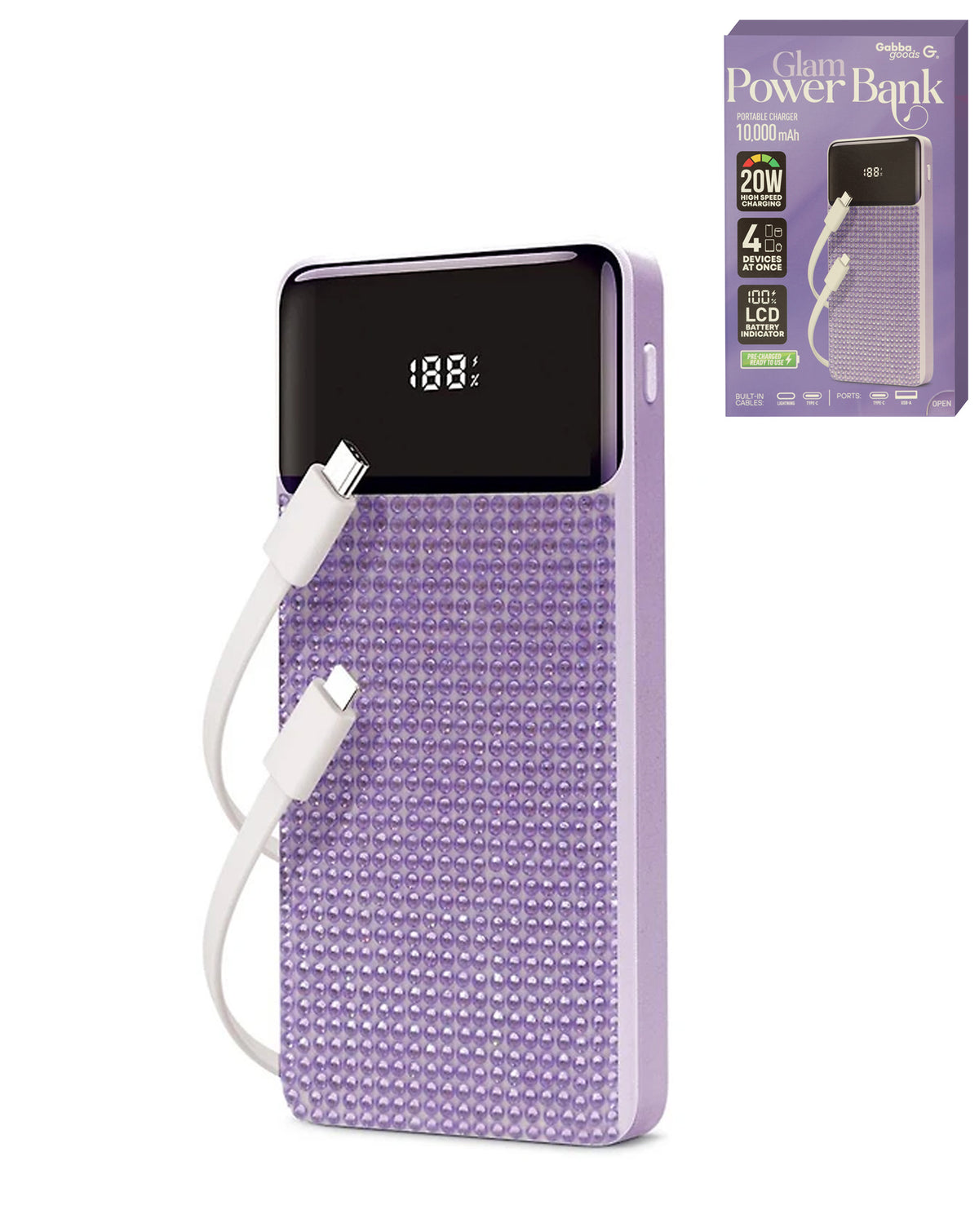 Brookstone Rapid Charging Power Bank with Lcd Battery Display & Built in Cable — Purple, 10000mAh