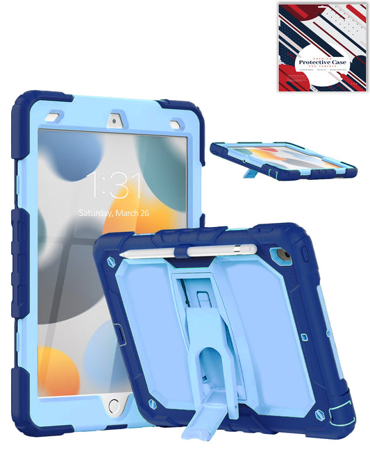 Heavy-Duty Shockproof Kickstand Case for iPad 10.2 7th / 8th / 9th / Air 3 / Pro 10.5 — Navy Blue & Light Blue