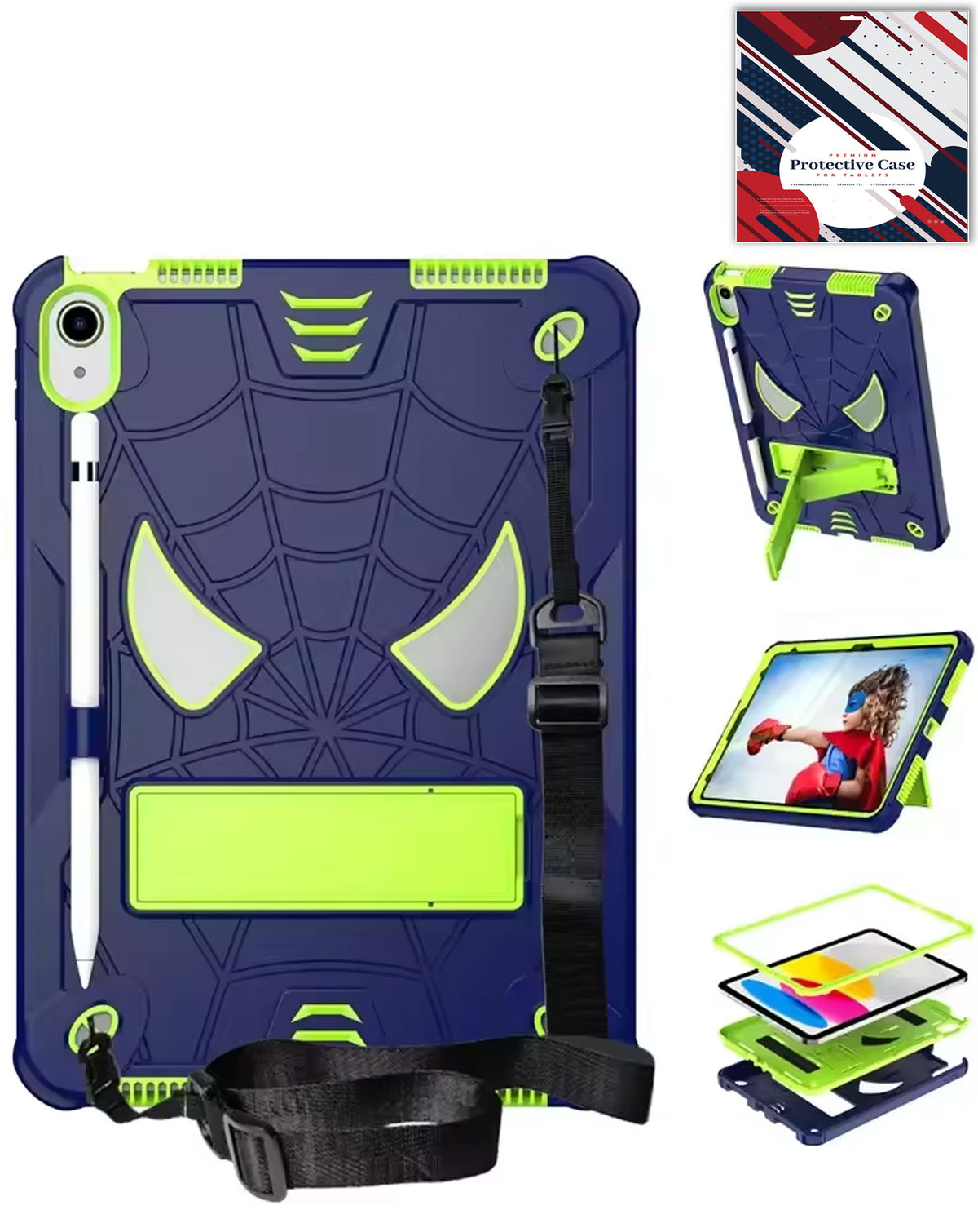 Heavy-Duty Shockproof Kickstand Case for iPad 10 2022 10.9 — Navy Blue & Green