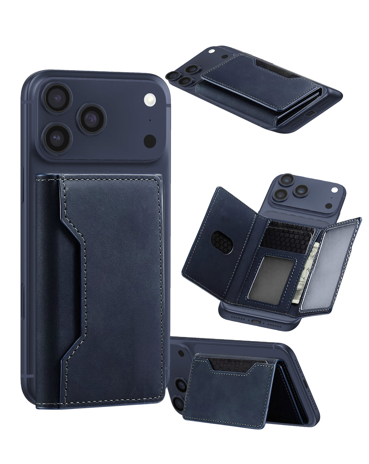 Universal Magnetic Leather Wallet — Navy Blue