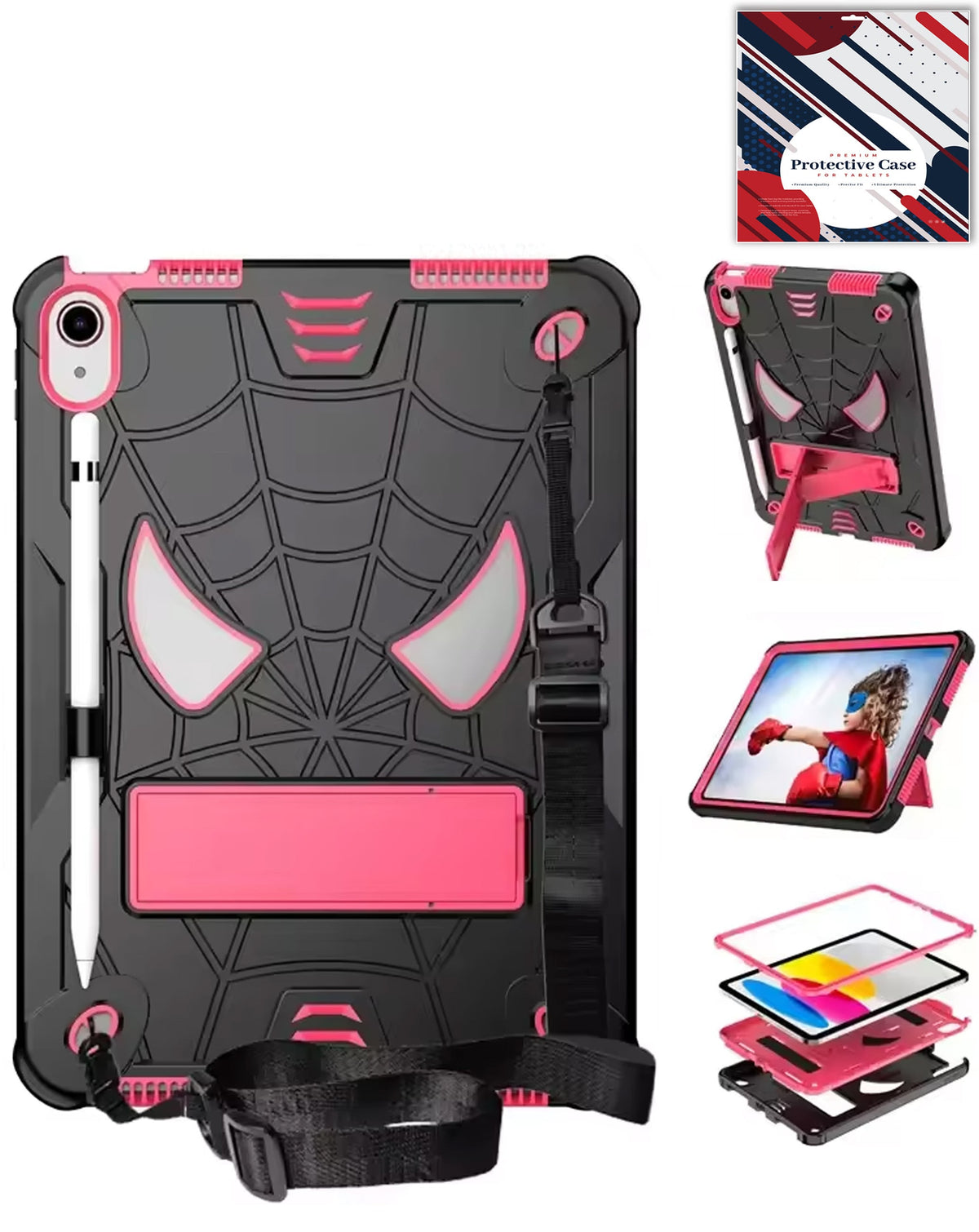 Heavy-Duty Shockproof Kickstand Case for iPad Mini 6 / 7 — Black & Pink