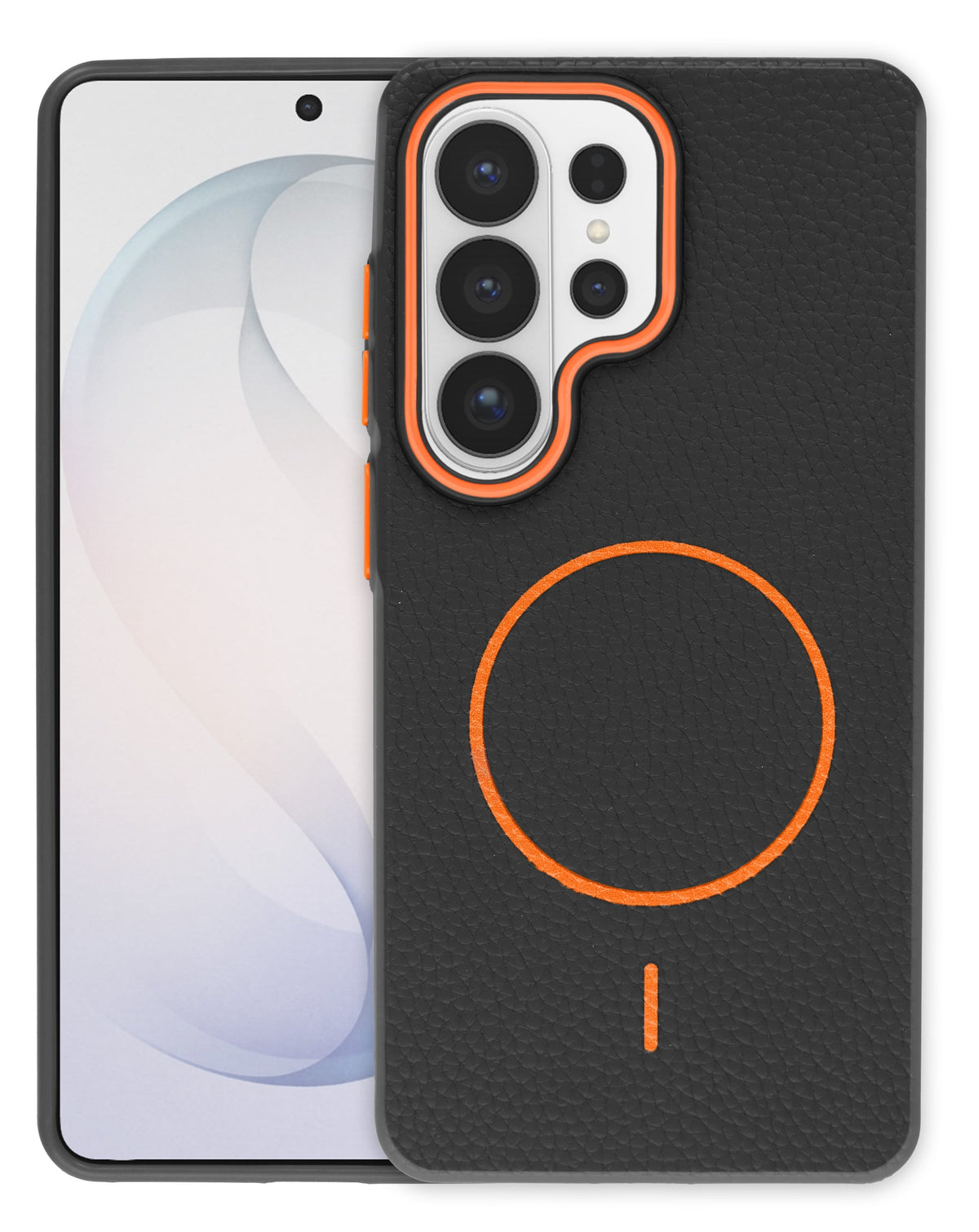 Magnetic Leather Case for Galaxy S26 Ultra — Black & Orange