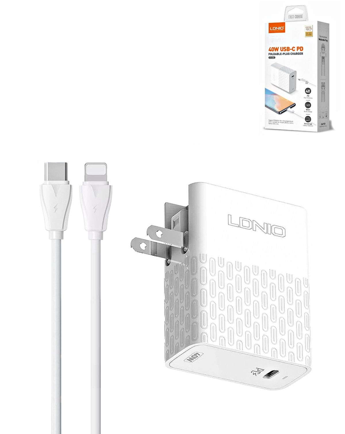 LDNIO A1405C QC3.0+PD USB-C Wall Charger /w USB-C to Lightning Non-MFI Cable — 3ft, 40W