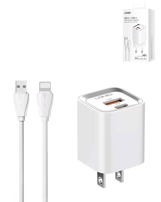 LDNIO A2318M QC3.0+PD SB A+c Wall Charger USB-C-Lightning MFI Cable — 3ft, 20W