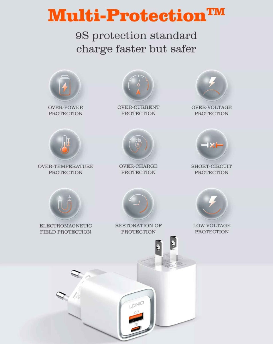 LDNIO A2318M QC3.0+PD SB A+c Wall Charger USB-C-Lightning MFI Cable — 3ft, 20W