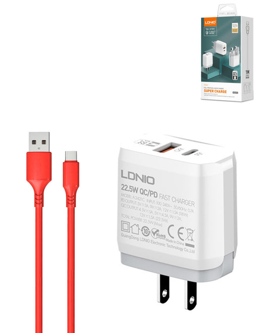 LDNIO A2421C QC3.0+PD USB A+c Wall Charger with USB-A to USB-C Cable — 3ft, 22W