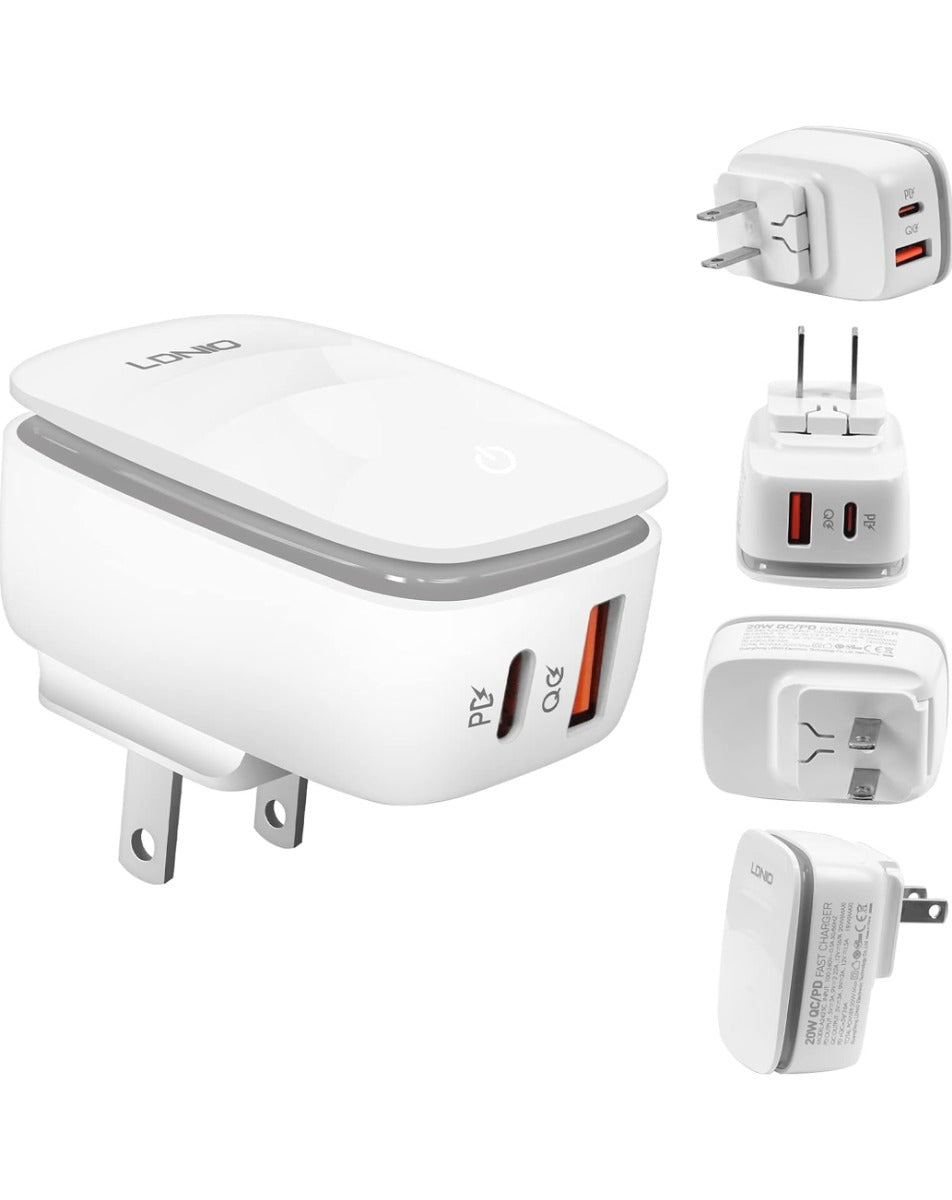 LDNIO A2425C QC3.0+PD Lamp USB-C+C Wall Charger with USB-C to USB-C Cable — 3ft, 20W