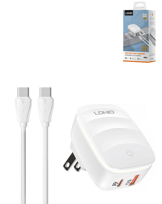 LDNIO A2425C QC3.0+PD Lamp USB-C+C Wall Charger with USB-C to USB-C Cable — 3ft, 20W