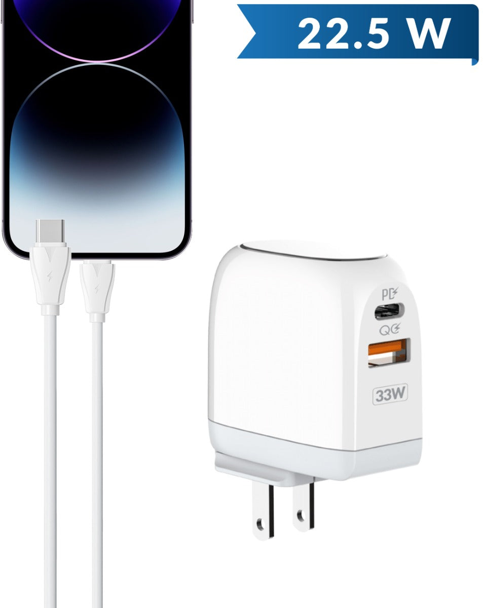 LDNIO A2522C QC3.0+PD Dual USB A Wall Charger with USB-C to Lightning Non-MFI Cable — 3ft, 30W