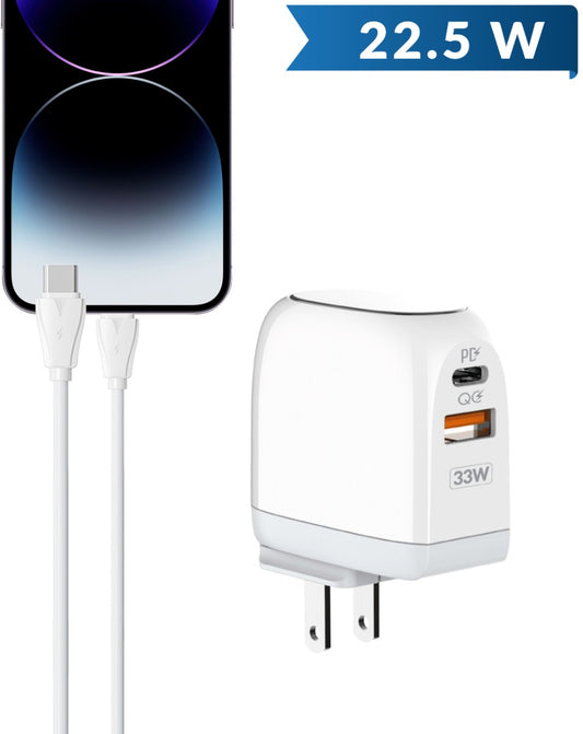 LDNIO A2522C QC3.0+PD Dual USB A Wall Charger with USB-C to Lightning Non-MFI Cable — 3ft, 30W