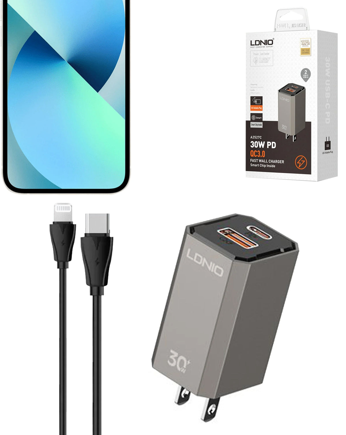 LDNIO A2527C Foldable US Plug Fast Charger USB-C to Lightning — 30W, 3ft