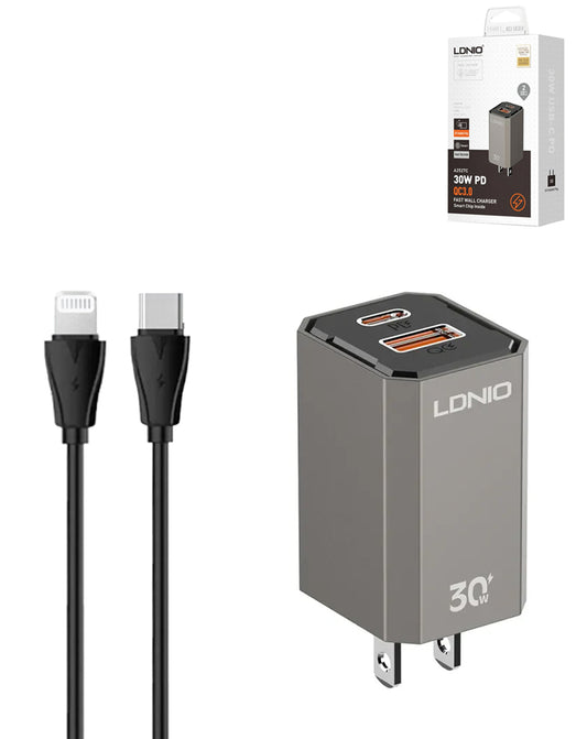 LDNIO A2527C Foldable US Plug Fast Charger USB-C to Lightning — 30W, 3ft