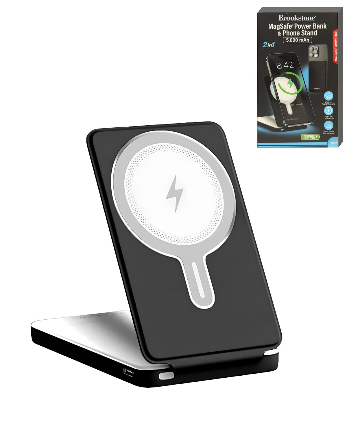 Brookstone Magsafe Power Bank & Phone Stand — Black & White, 5000mAh