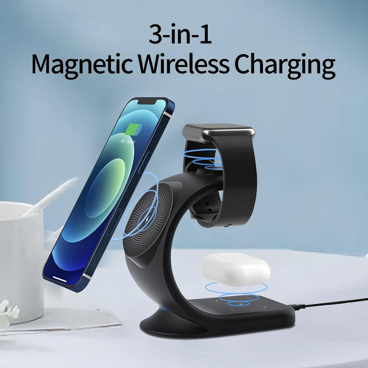 Brookstone 3-in-1 Curved Wireless Charging Station - Black — 15W