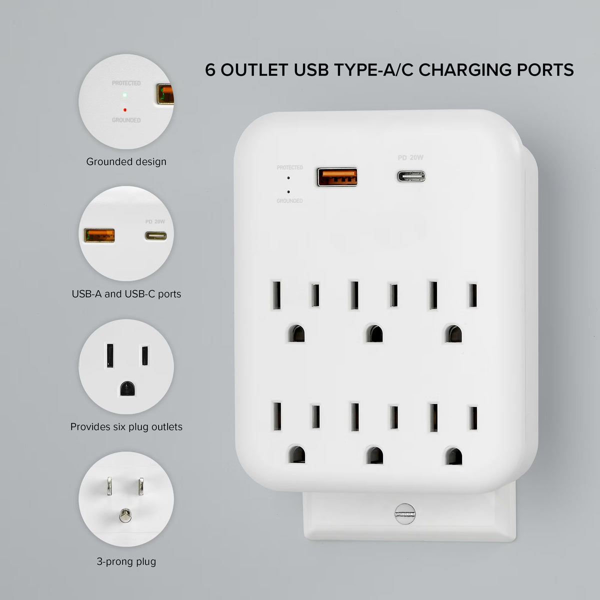 Brookstone 6-Port Outlets Chargers , 1 USB-C , 1 USB-A — White