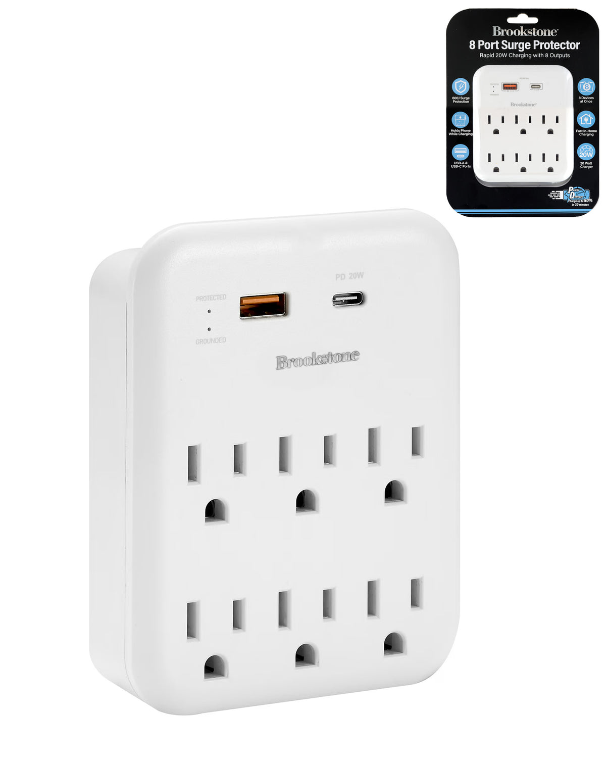 Brookstone 6-Port Outlets Chargers , 1 USB-C , 1 USB-A — White