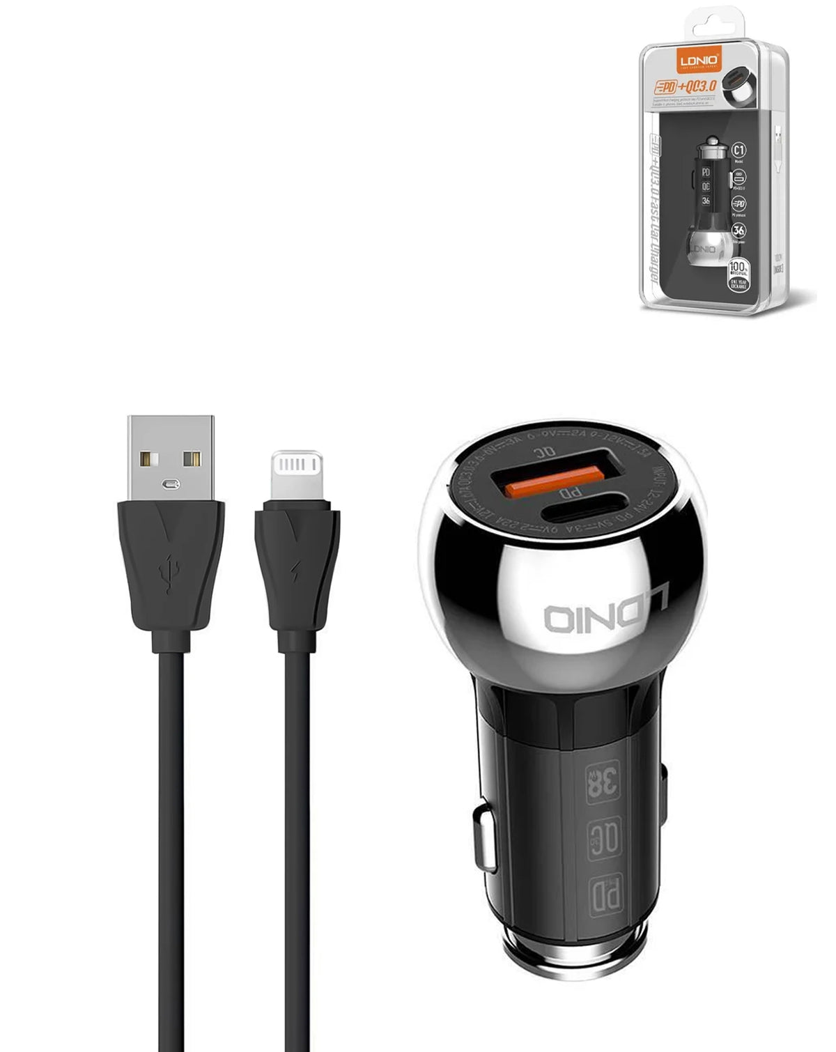 LDNIO C1 Dual A+c Car Charger with USB-A to Lightning Charging Cable — 3ft, 36W