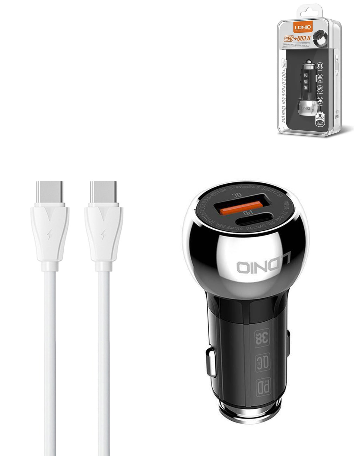 LDNIO C1 Dual USB A+c Car Charger with USB-C to USB-C Cable — 3ft, 36W