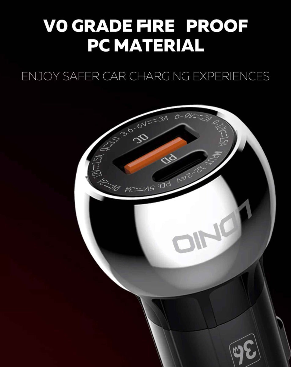 LDNIO C1 Dual USB A+c Car Charger with USB-C to Lightning Non-MFI Cable — 3ft, 36W