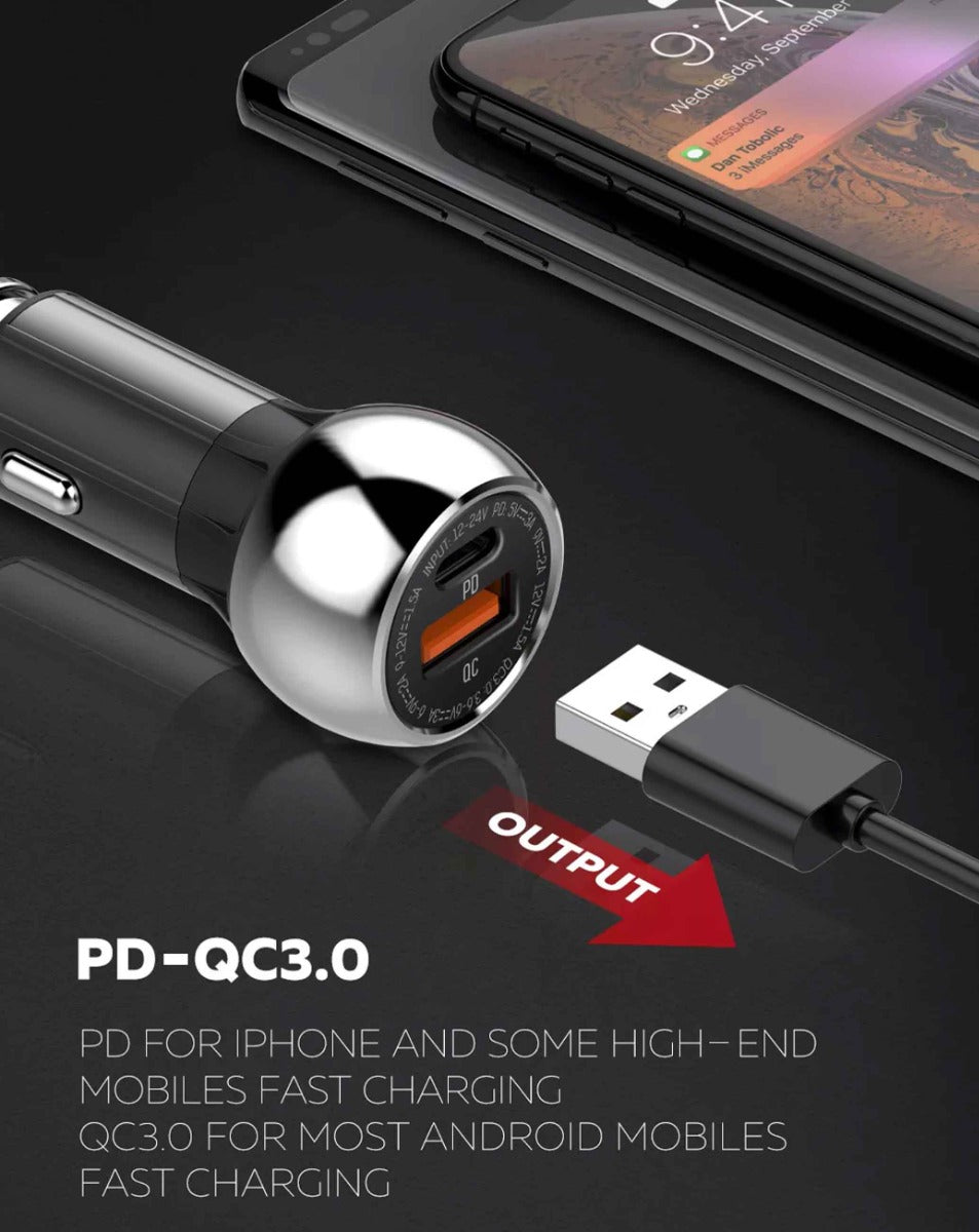 LDNIO C1 Dual USB A+c Car Charger with USB-C to Lightning Non-MFI Cable — 3ft, 36W
