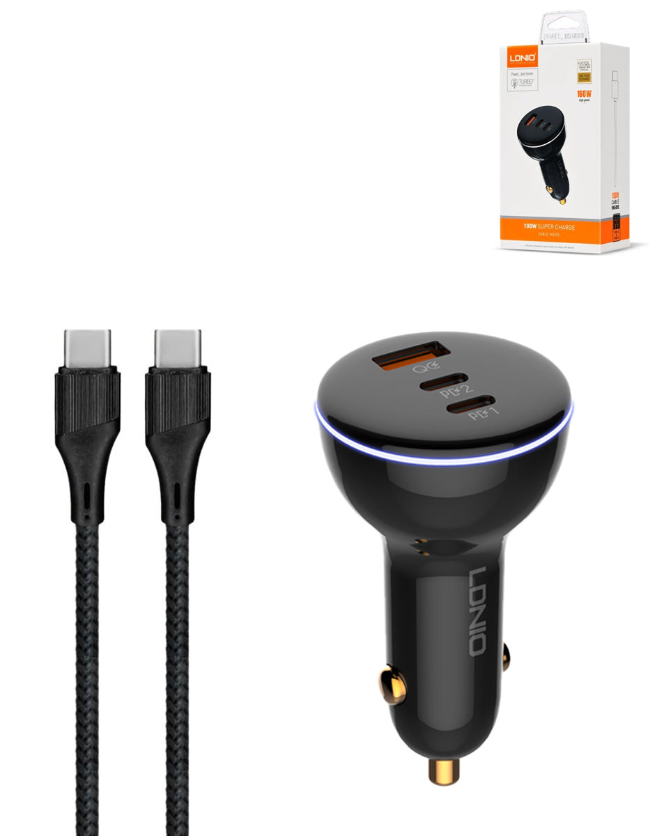 LDNIO C102 Dual USB A+c Car Charger with USB-C to USB-C Cable — Gray, 3ft, 160W