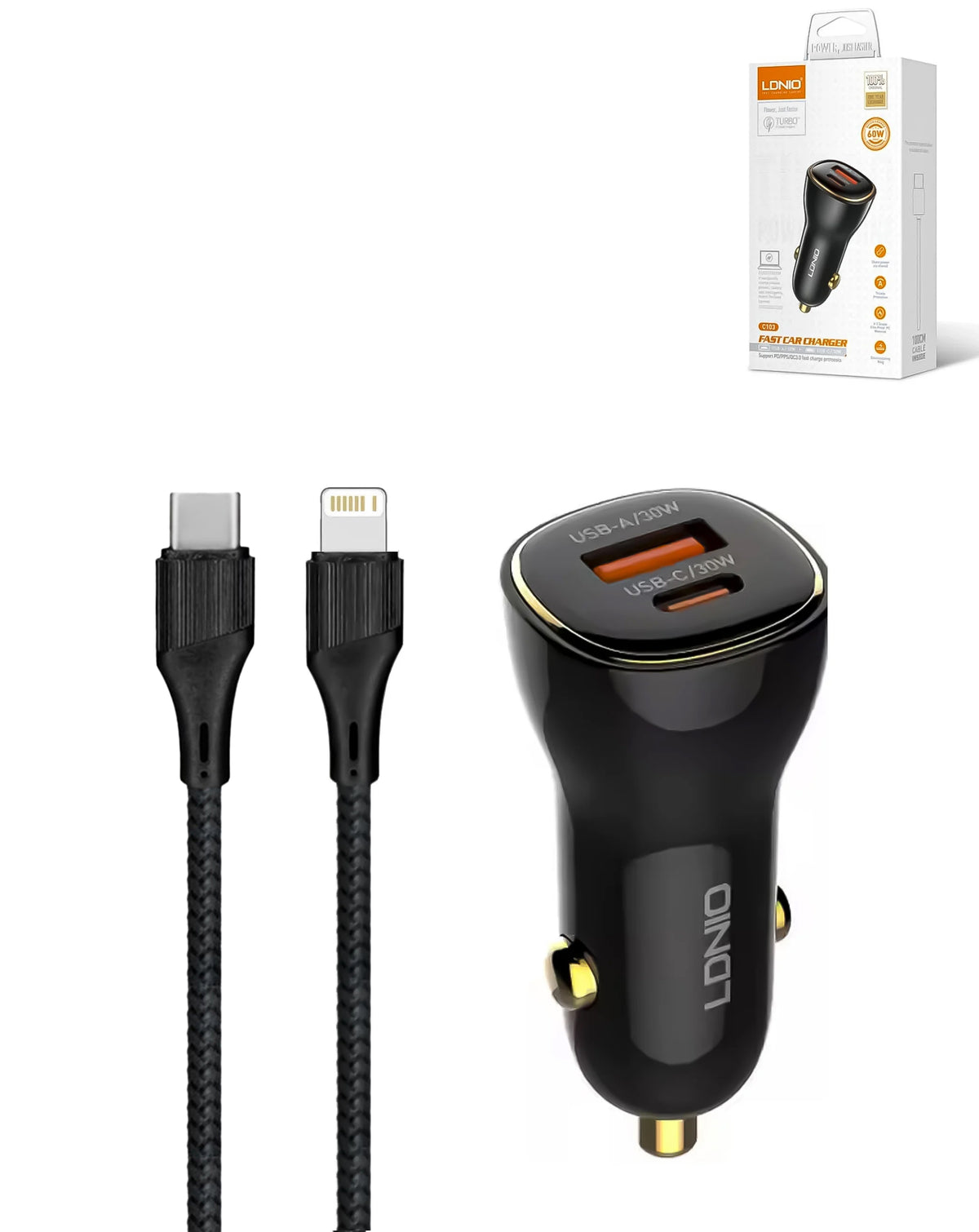 LDNIO C103 PD QC4.0 Dual USB A+c Car Charger with USB-C to Lightning Non-MFI Cable — 3ft, 60W