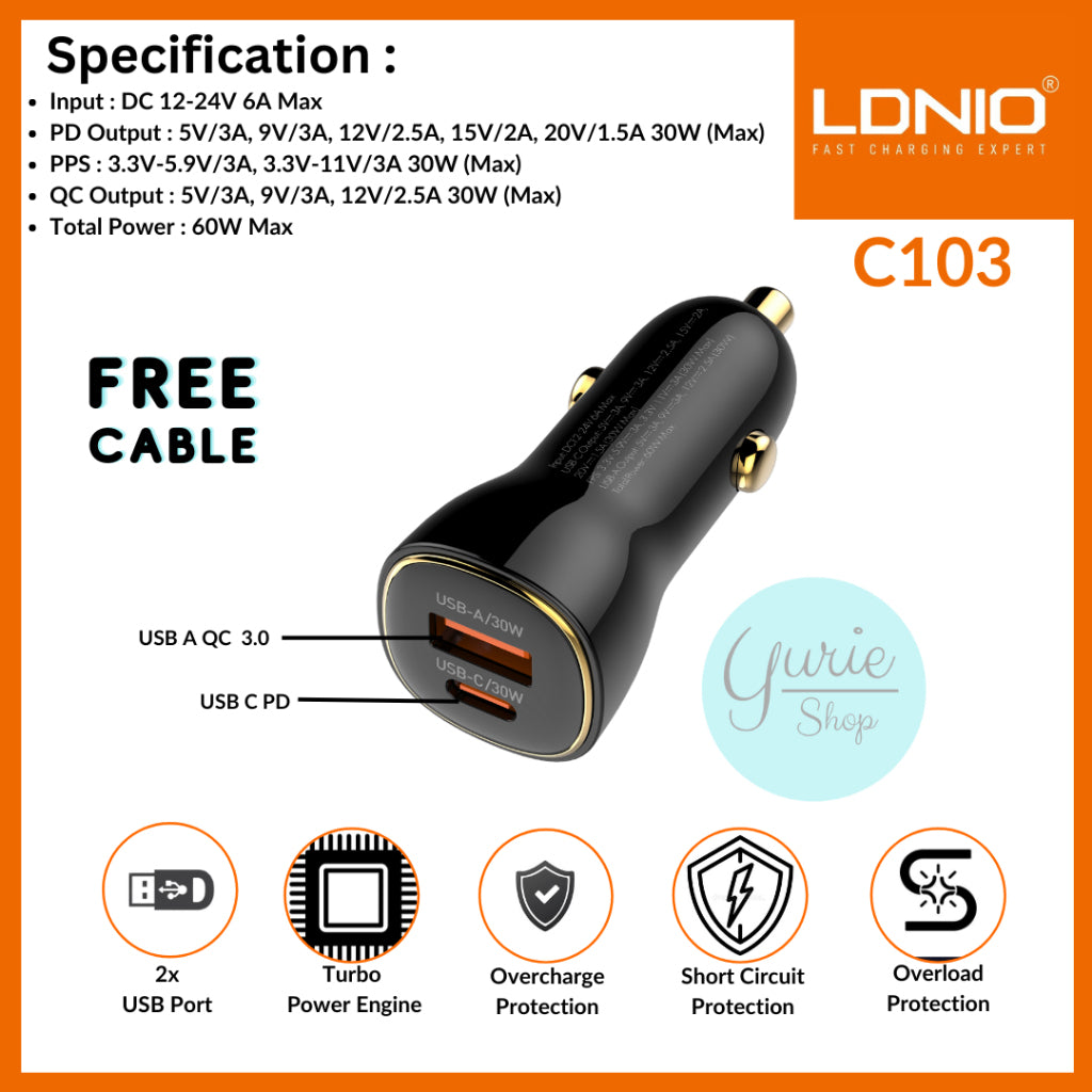 LDNIO C103 PD QC4.0 Dual USB A+c Car Charger with USB-C to Lightning Non-MFI Cable — 3ft, 60W