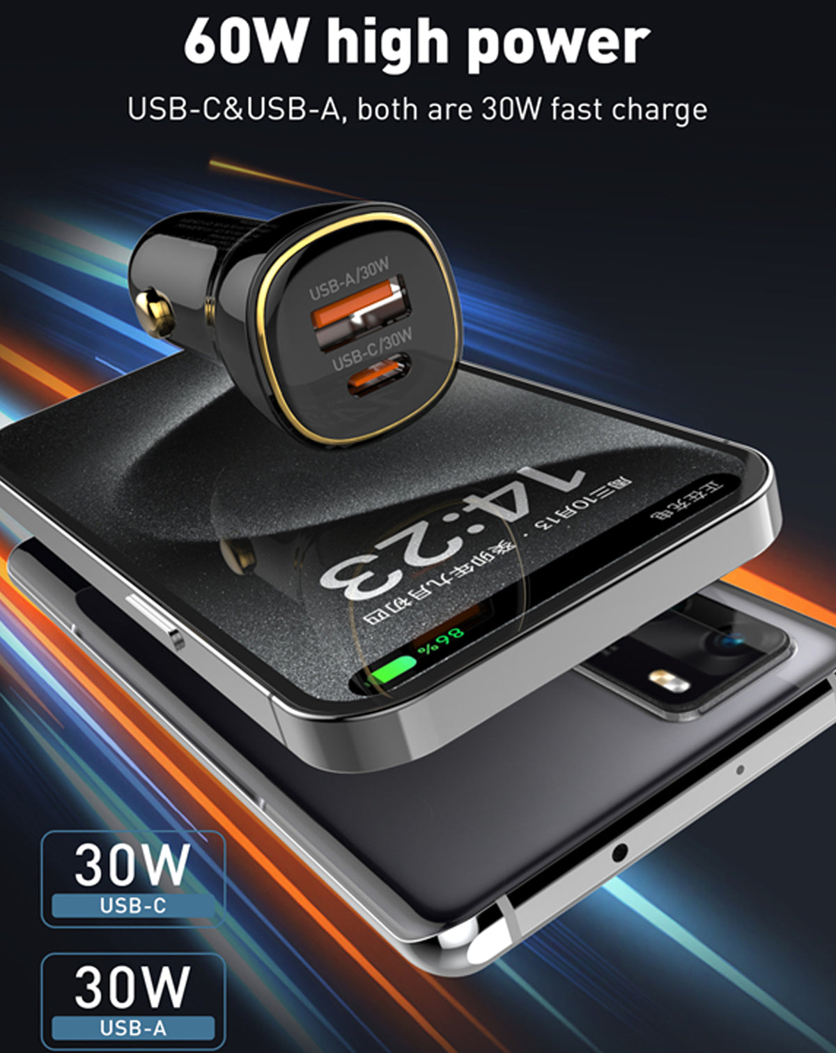 LDNIO C103 PD QC4.0 Dual USB A+c Car Charger with USB-C to USB-C Cable — 3ft, 60W