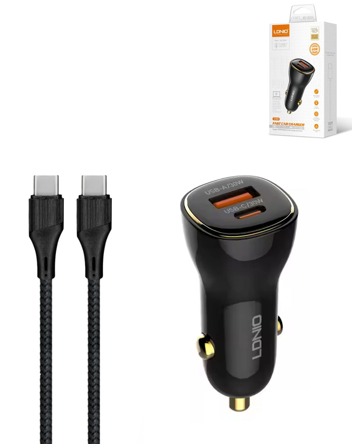 LDNIO C103 PD QC4.0 Dual USB A+c Car Charger with USB-C to USB-C Cable — 3ft, 60W