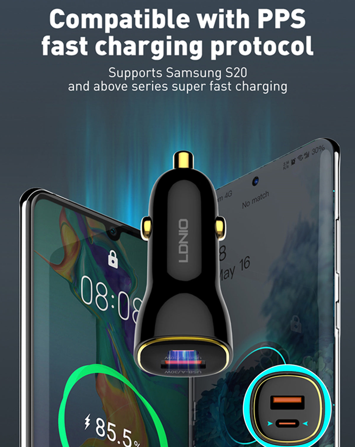 LDNIO C103 PD QC4.0 Dual USB A+c Car Charger with USB-C to USB-C Cable — 3ft, 60W