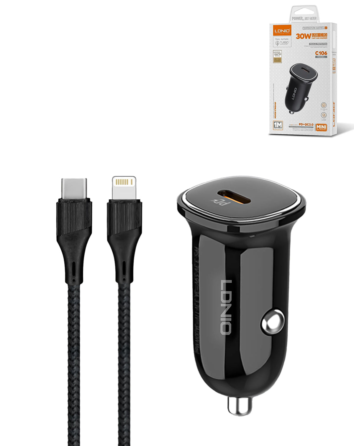 LDNIO C106 PD QC4.0 Dual USB-C Car Charger with USB-C to Lightning Non-MFI Cable — 3ft, 30W