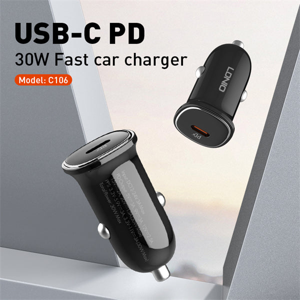 LDNIO C106 PD QC4.0 Dual USB-C Car Charger with USB-C to Lightning Non-MFI Cable — 3ft, 30W