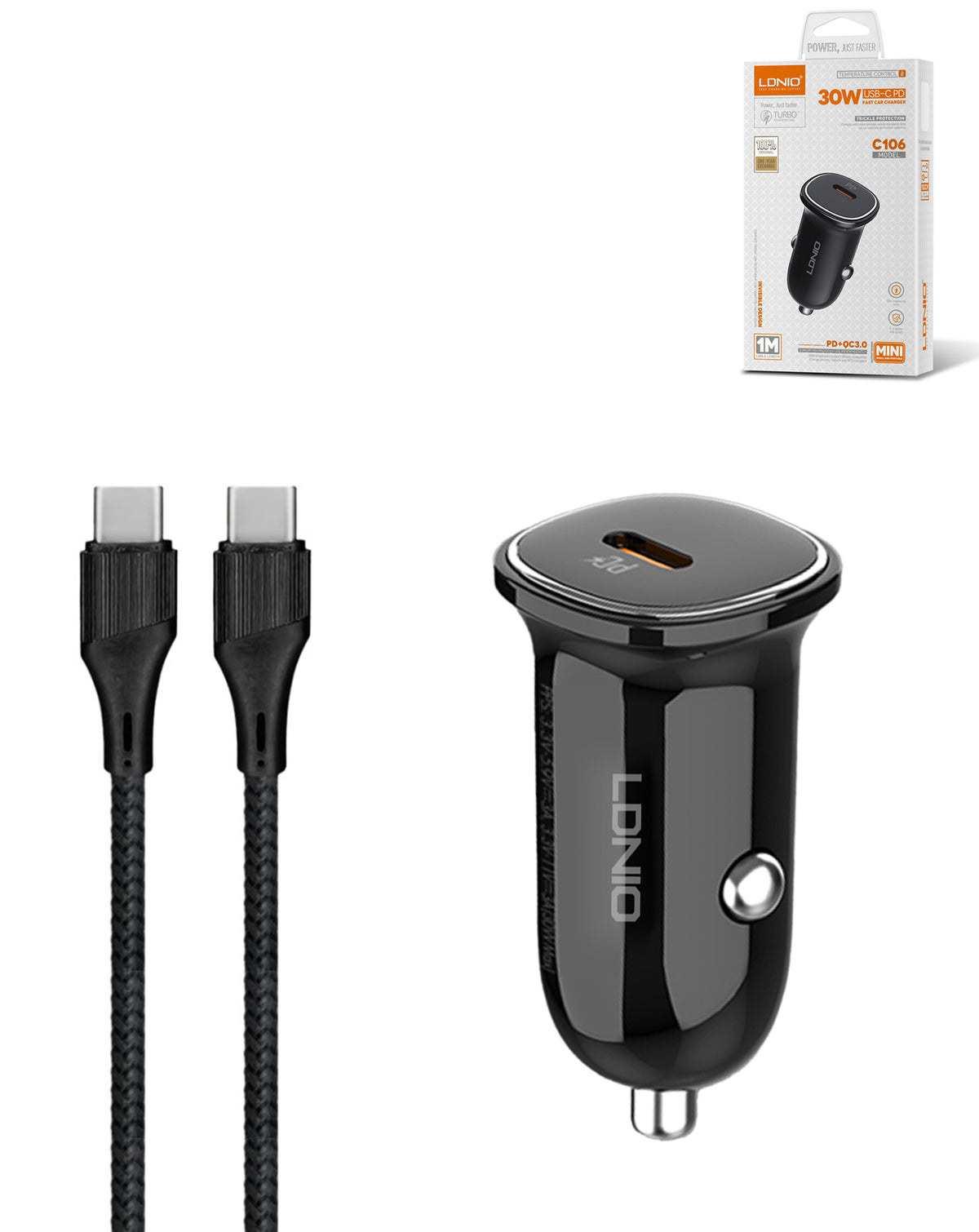 LDNIO C106 PD QC4.0 Dual USB-C Car Charger with USB-C to USB-C Cable — 3ft, 30W