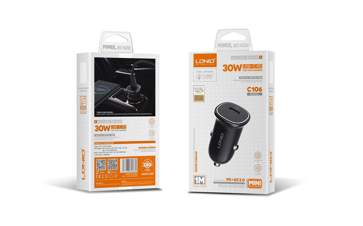 LDNIO C106 PD QC4.0 Dual USB-C Car Charger with USB-C to USB-C Cable — 3ft, 30W