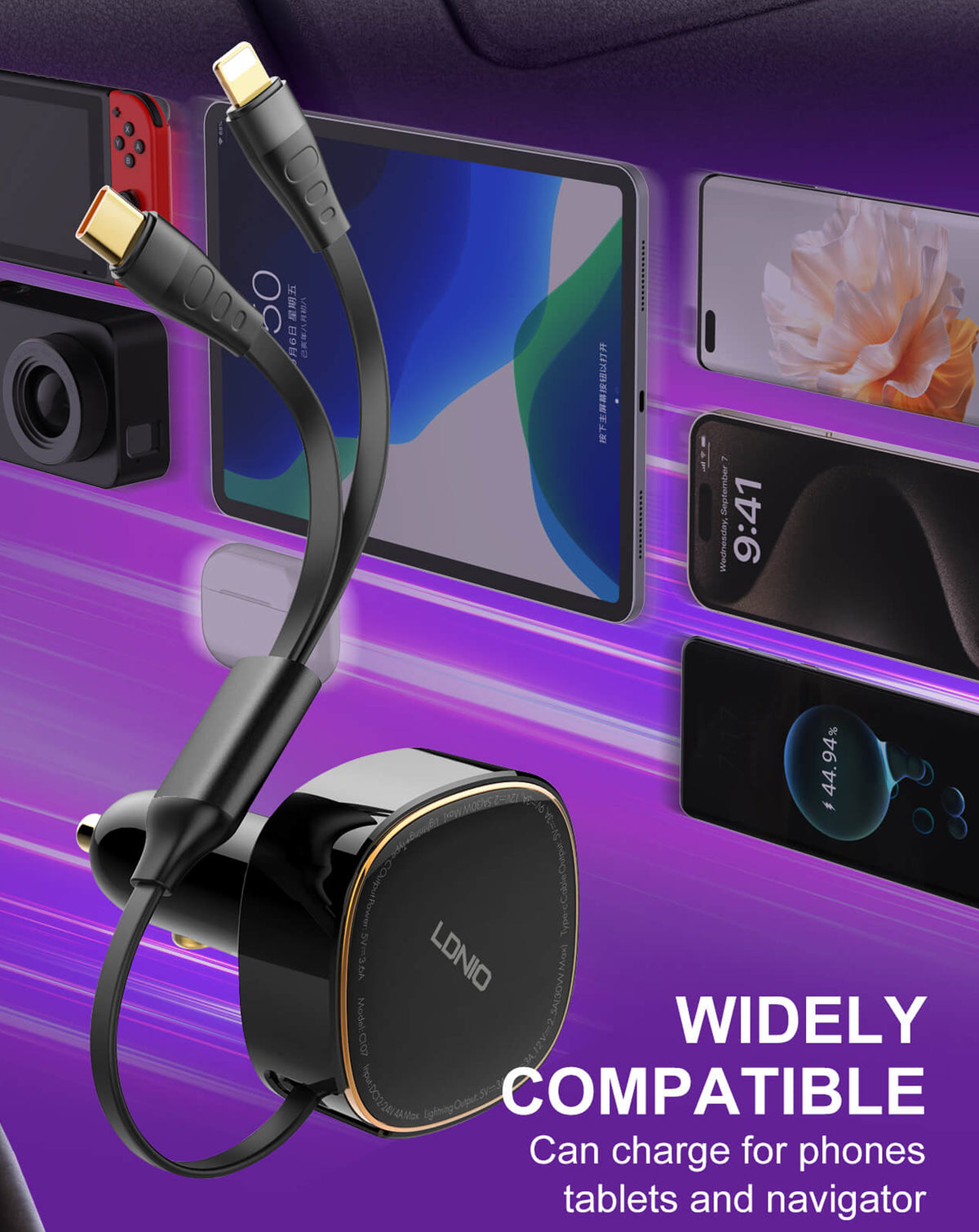 LDNIO C107 2in1 Car Charger with USB-C to Lightning Non-MFI Cable — 30W