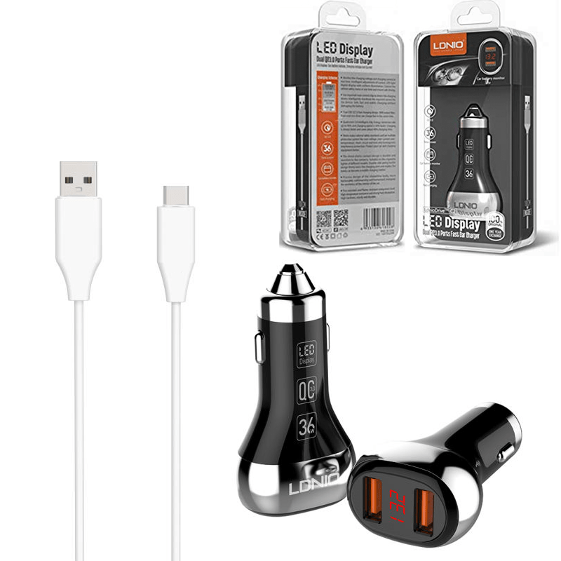 LDNIO C2 Dual USB-A Car Charger with USB-A to USB-C Charging Cable — 3ft, 36W