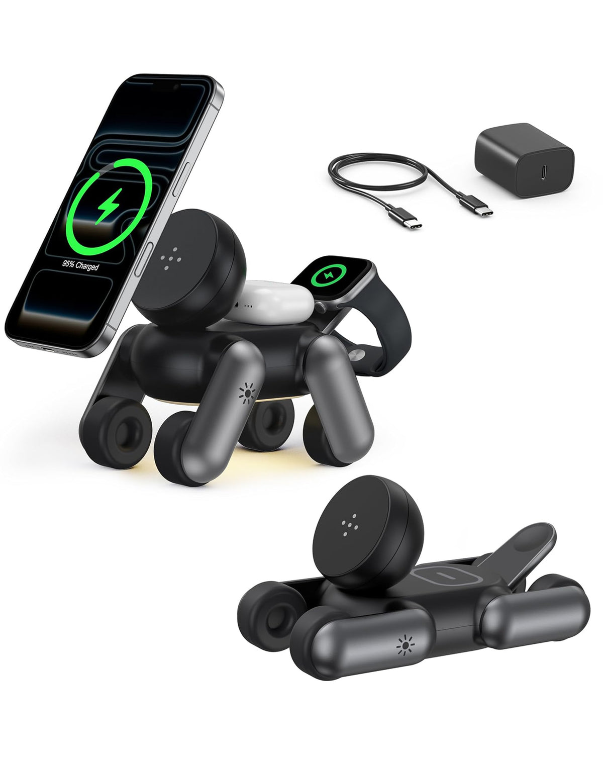 4-in-1 Dog Wireless Charger Stand & Touch Nightlight — 15W, Black
