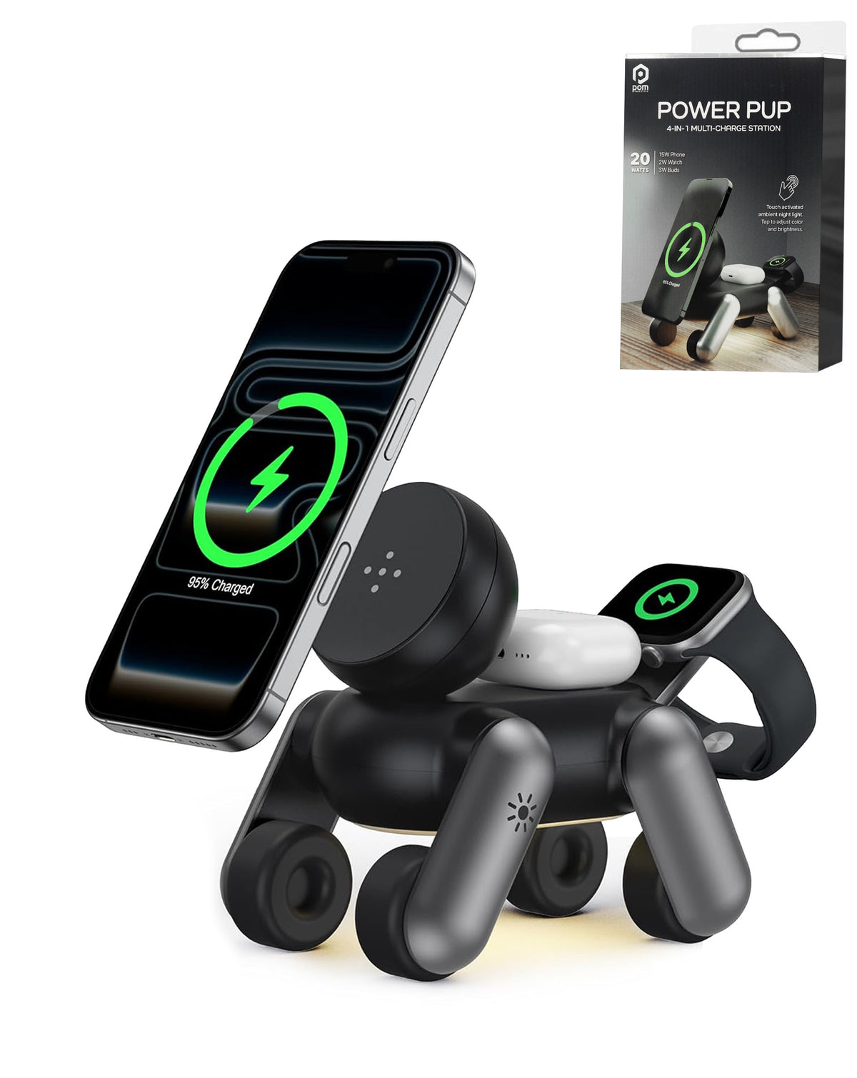 4-in-1 Dog Wireless Charger Stand & Touch Nightlight — 15W, Black