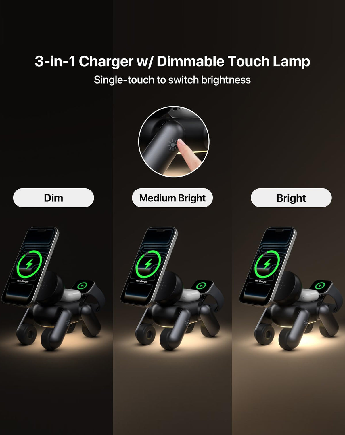 4-in-1 Dog Wireless Charger Stand & Touch Nightlight — 15W, Black