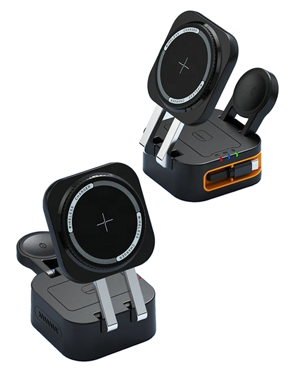 4-in-1 Wireless Charging Stand, Phone, Watch, AirPods, and Retractable Cable — 15W, Black