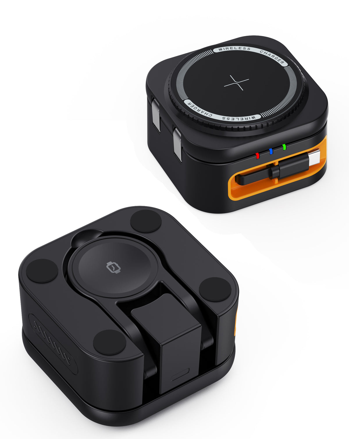 4-in-1 Wireless Charging Stand, Phone, Watch, AirPods, and Retractable Cable — 15W, Black