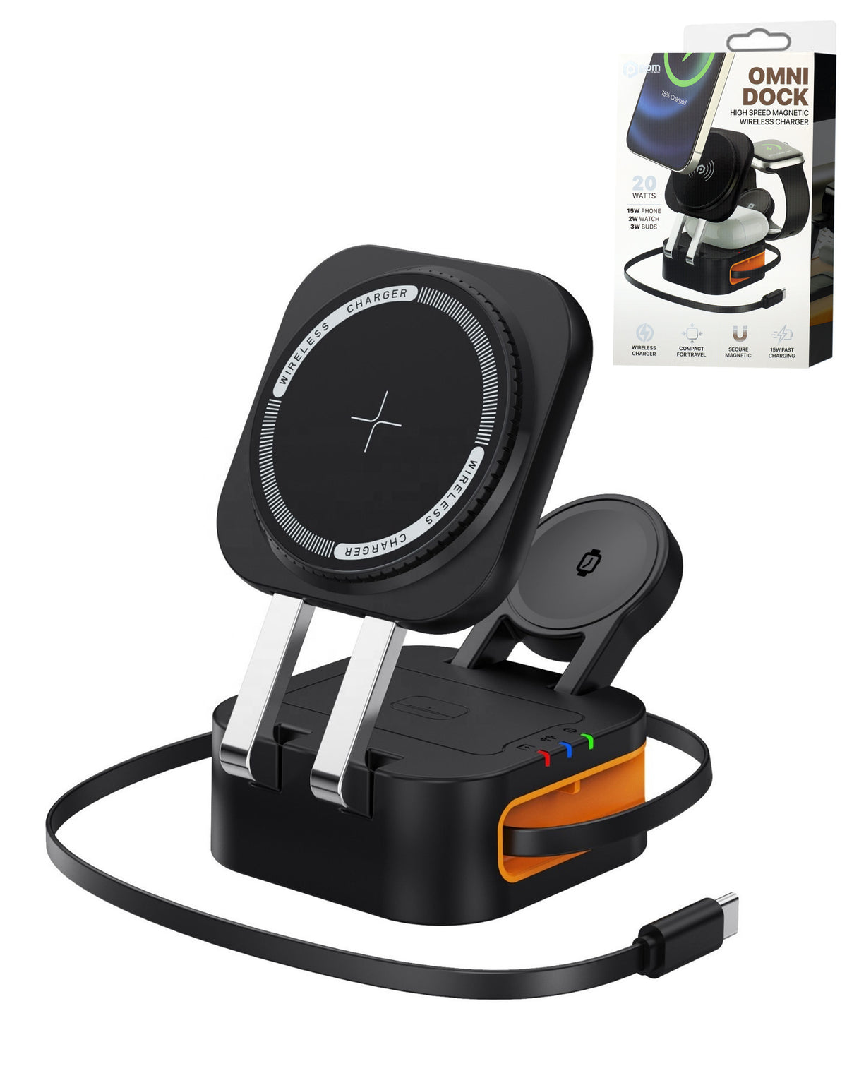 4-in-1 Wireless Charging Stand, Phone, Watch, AirPods, and Retractable Cable — 15W, Black