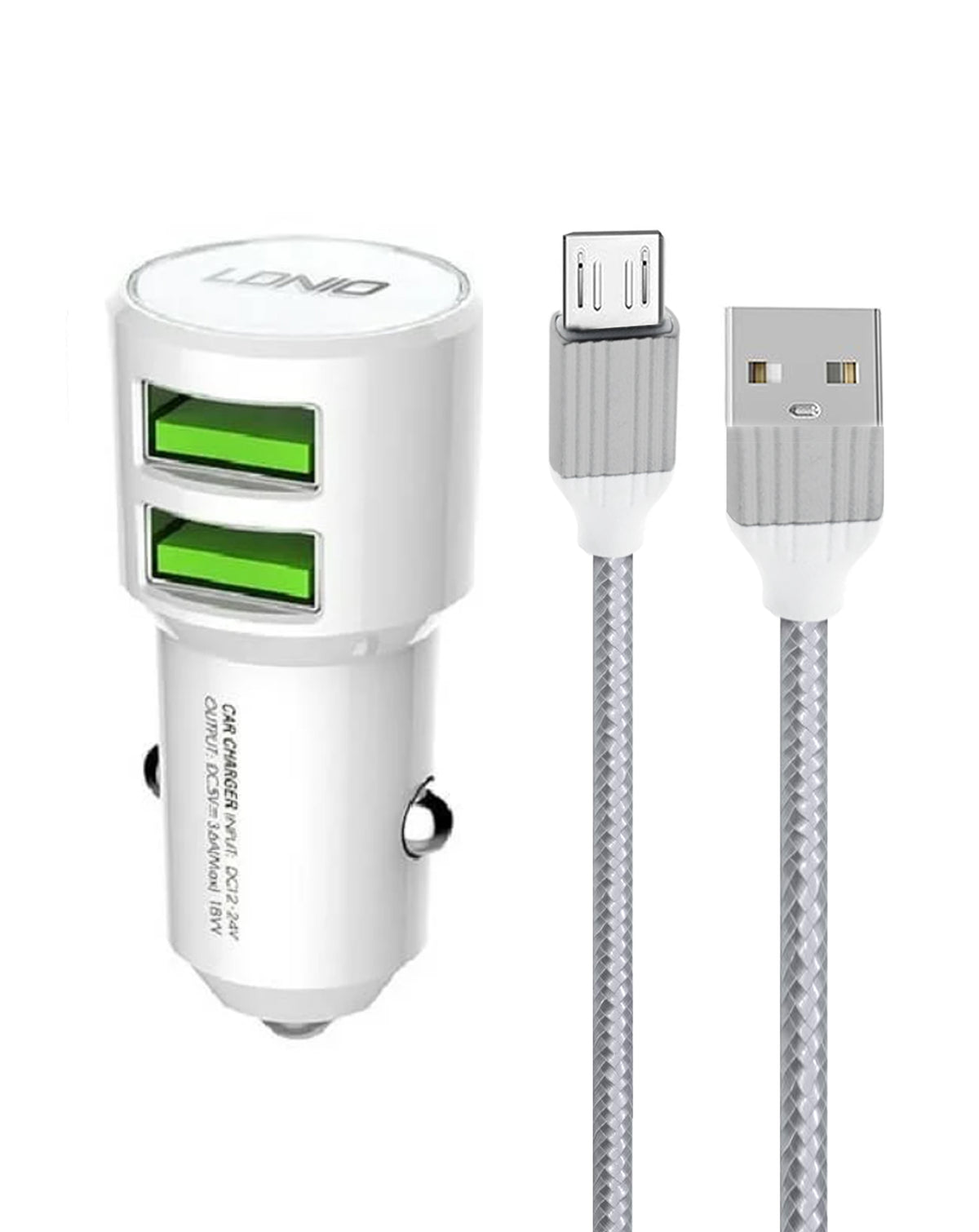 LDNIO C309 3.6A Dual USB-A Car Charger with USB A-M Cable — White, 3ft, 18W