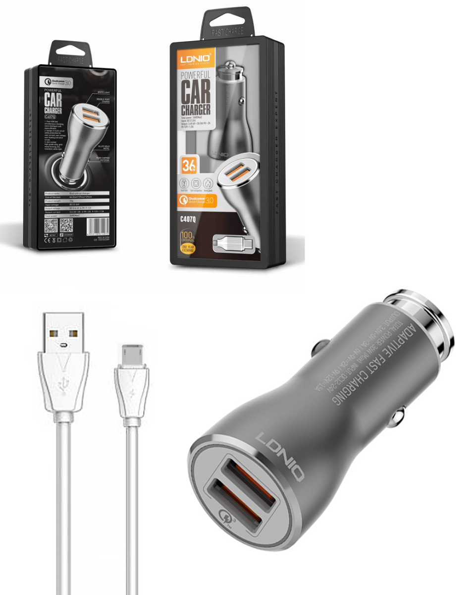 LDNIO C407Q QC3.0 Dual USB-A Car Charger with USB A-M Cable — 3ft, 30W