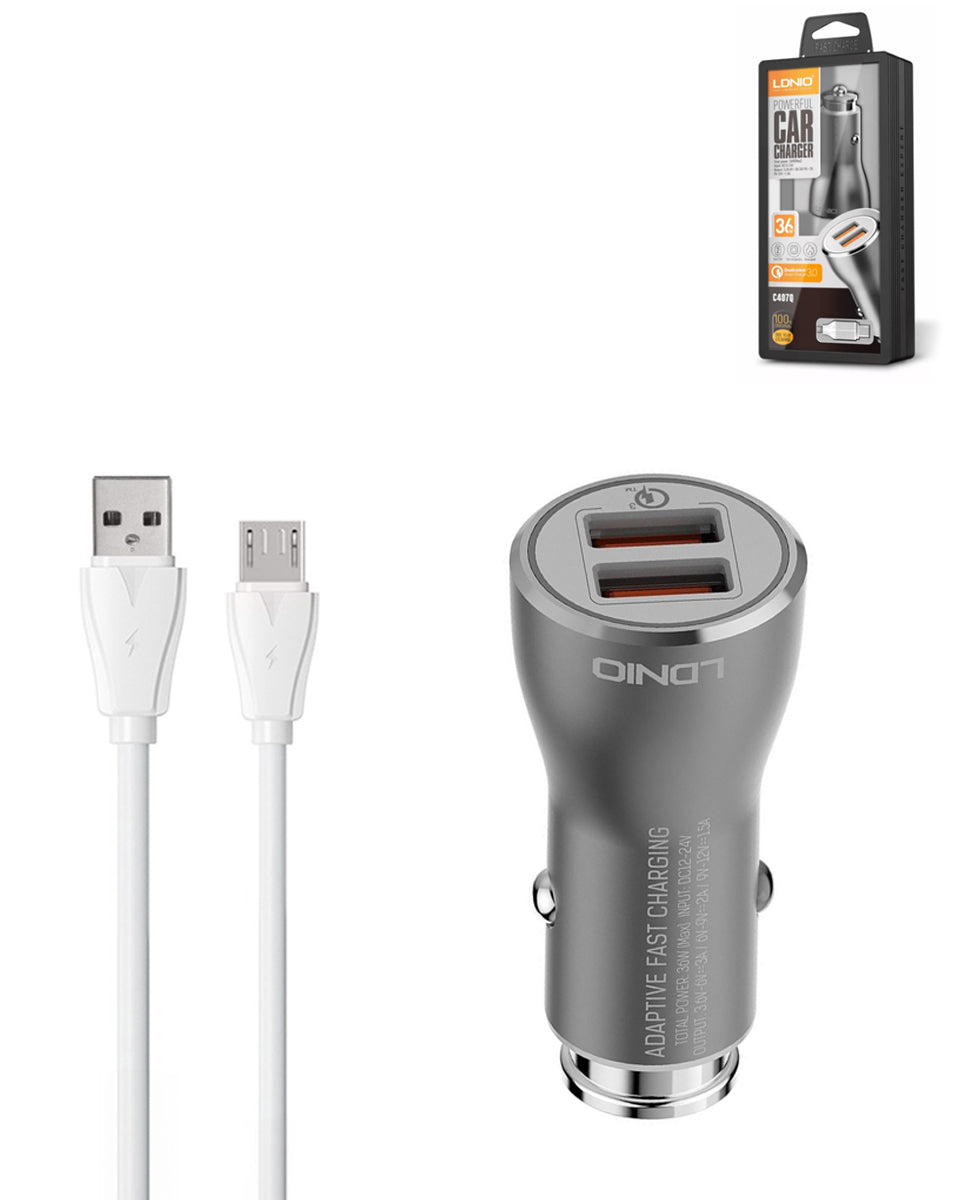 LDNIO C407Q QC3.0 Dual USB-A Car Charger with USB A-M Cable — 3ft, 30W