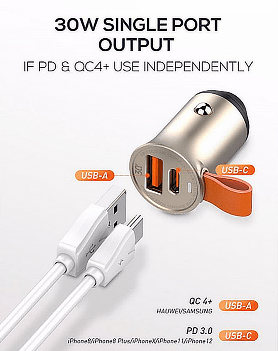 LDNIO C509Q PD QC4.0 Dual USB A+c Car Charger with USB A-M Cable — 3ft, 18W