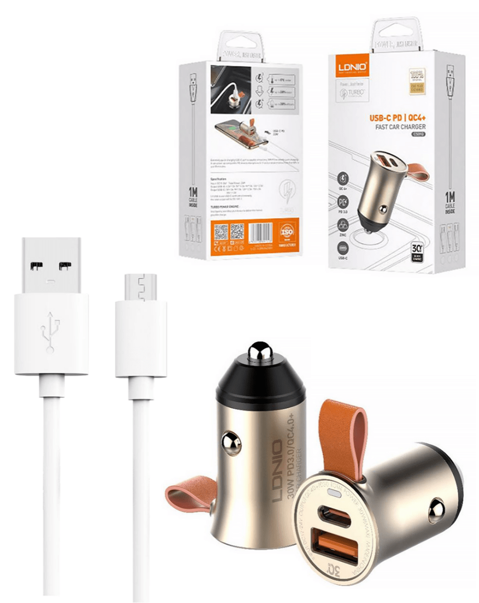 LDNIO C509Q PD QC4.0 Dual USB A+c Car Charger with USB A-M Cable — 3ft, 18W