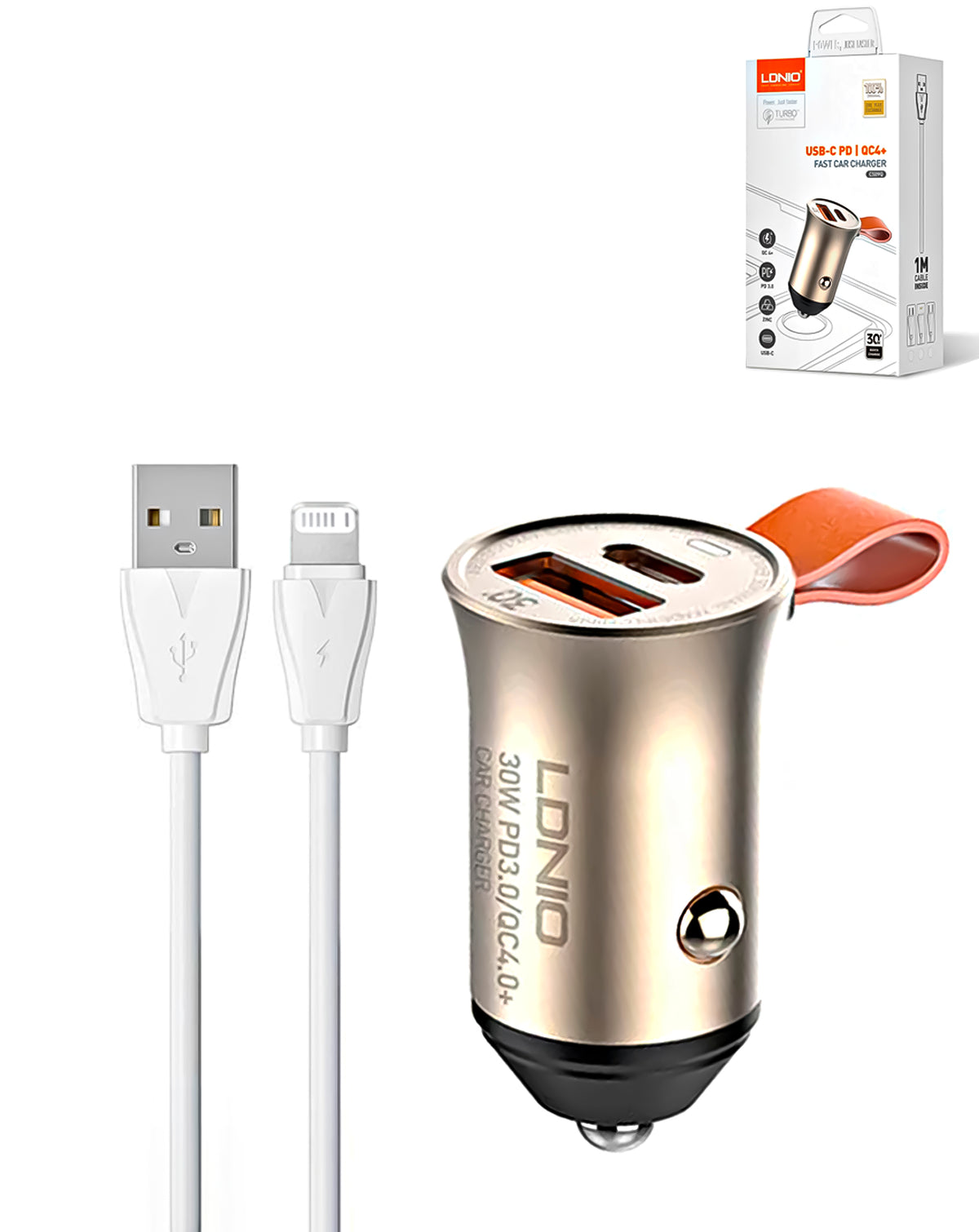 LDNIO C509Q PD QC4.0 Dual USB A+c Car Charger with USB-A to Lightning Non-MFI Cable — 3ft, 18W